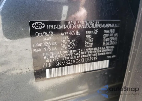 2019 Hyundai Santa Fe Sel z USA, uszkodzony, nr VIN 5NMS33AD8KH057939